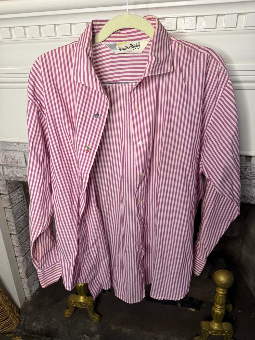 Diane von Furstenberg Pink Stripe Button Down Shirt Embroidered Floral Detail